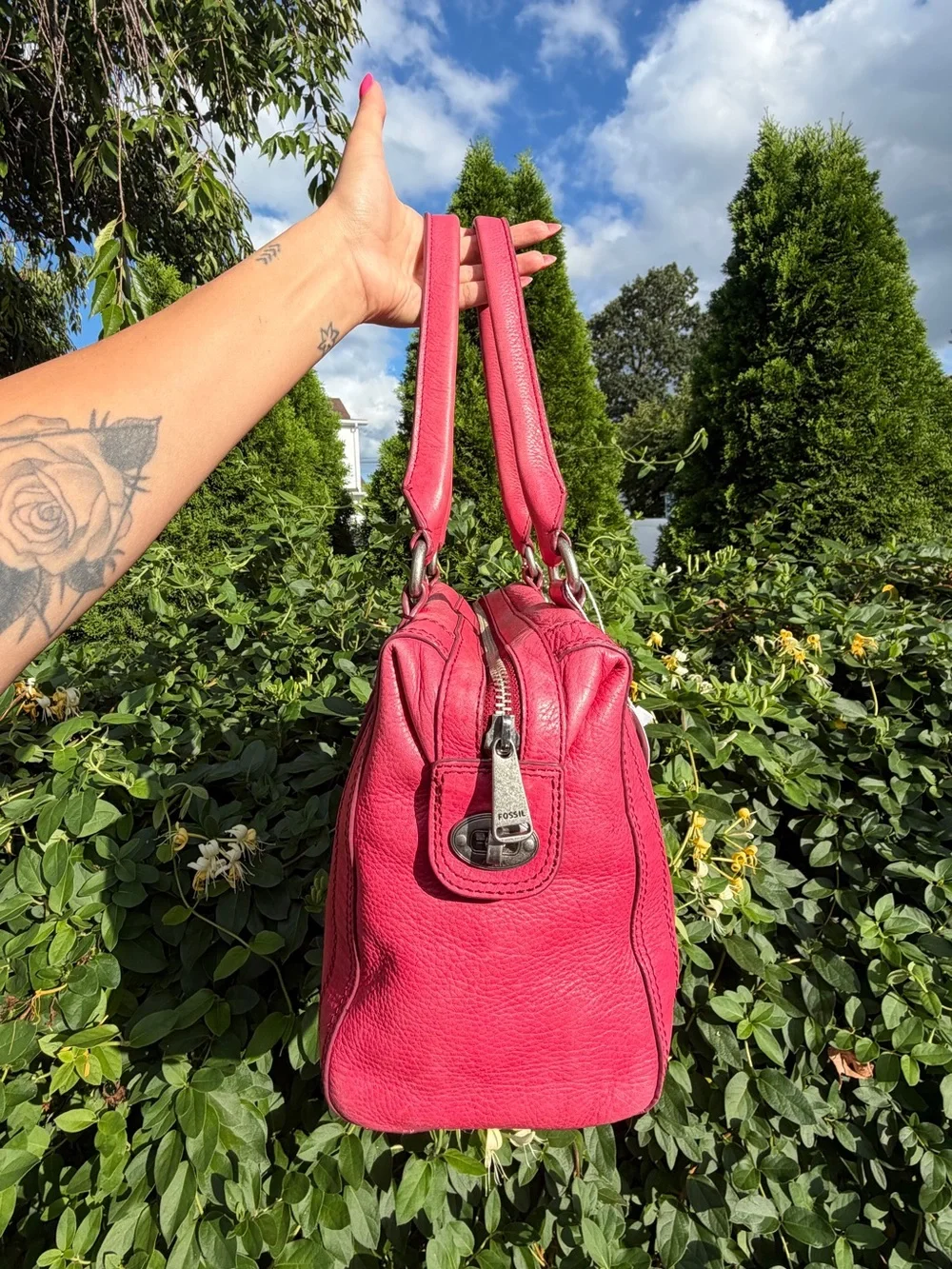 Vintage Fossil Pink Leather Satchel Shoulder Crossbody Bag Y2K Purse